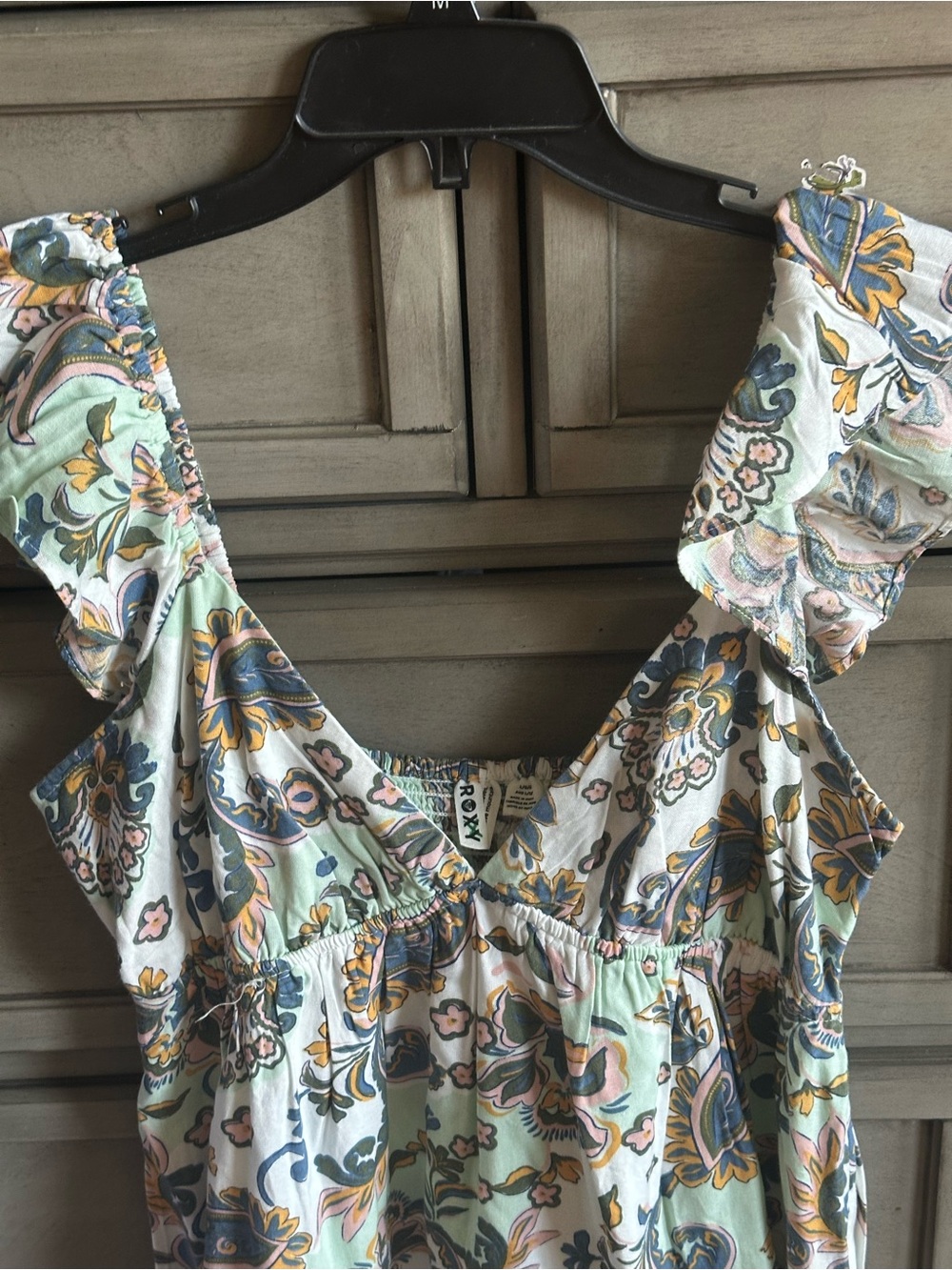 Roxy Palmy Days Mint Paisley V-Neck Ruffle Sleeve Mini Dress. Size Large - Picture 8 of 16